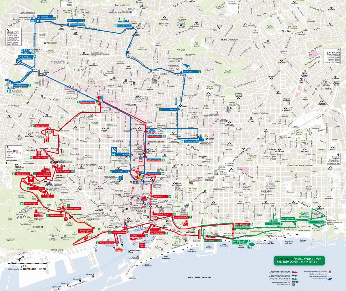 Барселона туристический автобус красной линии на карте